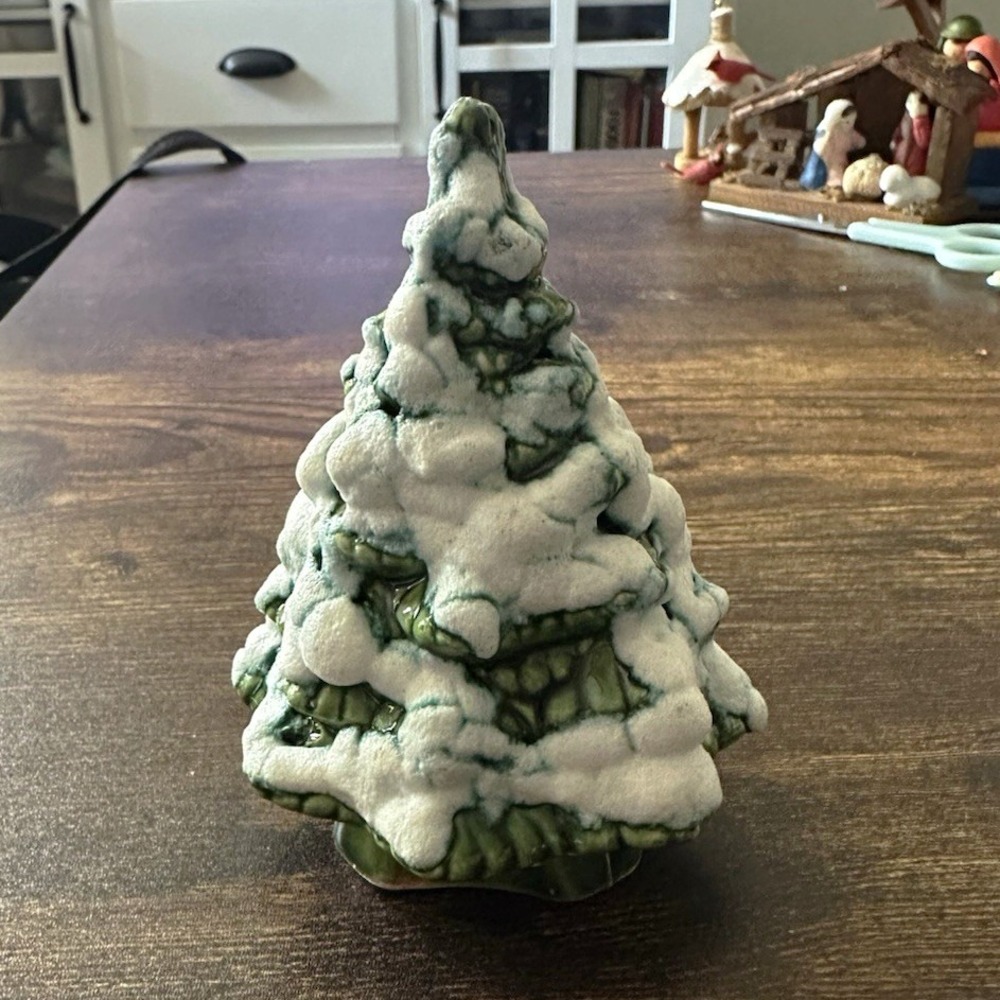 Ceramic Snow-Covered Christmas Tree Figurine Glossy Textured 3D Effect 4"